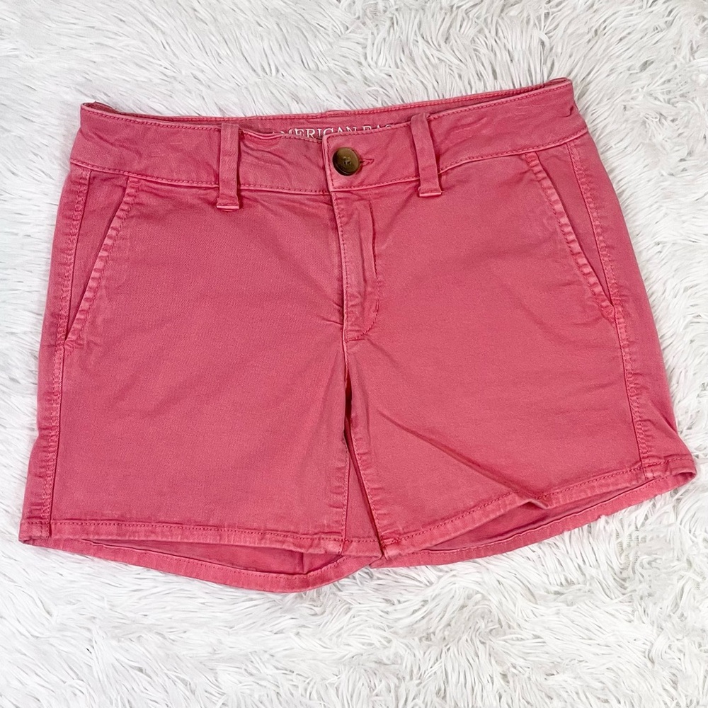 AMERICAN EAGLE Super Stretch Women’s Pink AEO Twill Midi Shorts 4